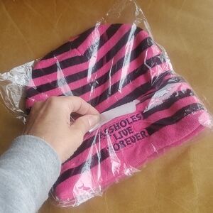 Assholes Live Forever Pink and Black Striped Beanie Toque Hat + Free Blanket